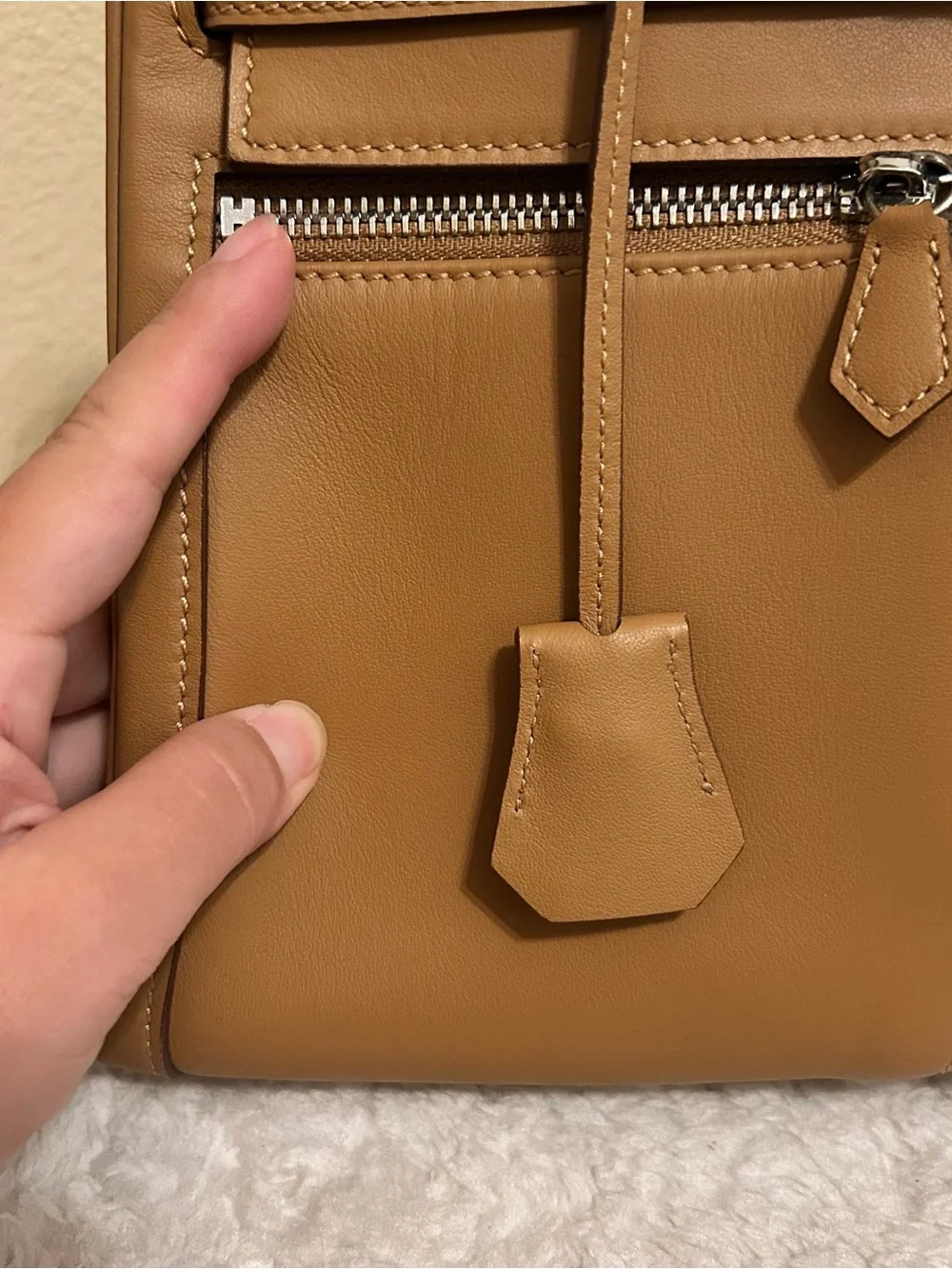 28cm Biscuit Top Handle Double Front Pocket Leather Satchel